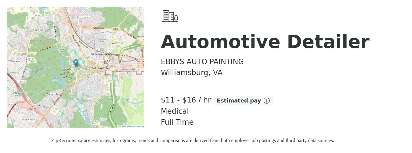 EBBYS AUTO PAINTING job posting for a Automotive Detailer in Williamsburg, VA with a salary of $12 to $17 Hourly and benefits including retirement, and medical with a map of Williamsburg location.