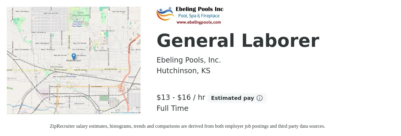 Ebeling Pools, Inc. job posting for a General Laborer in Hutchinson, KS with a salary of $14 to $17 Hourly and benefits including retirement with a map of Hutchinson location.