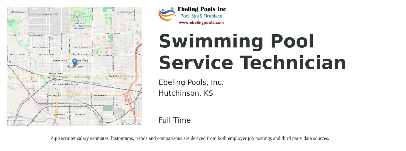 Ebeling Pools, Inc. job posting for a Swimming Pool Service Technician in Hutchinson, KS with a salary of $14 to $19 Hourly and benefits including retirement with a map of Hutchinson location.