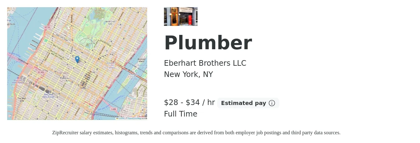 Eberhart Brothers LLC job posting for a Plumber in New York, NY with a salary of $30 to $36 Hourly with a map of New York location.