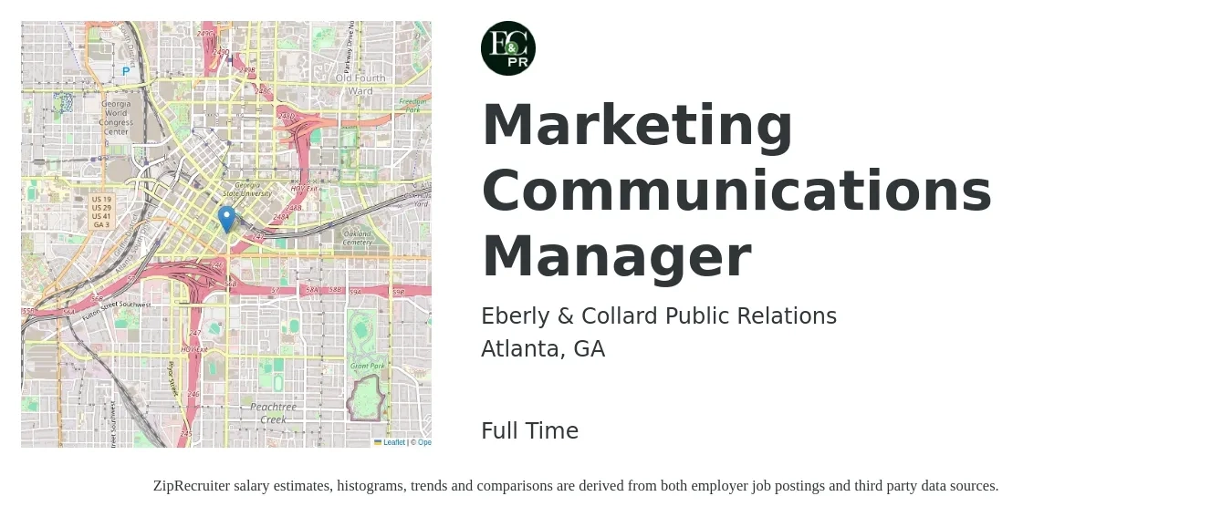 Eberly & Collard Public Relations job posting for a Marketing Communications Manager in Atlanta, GA with a salary of $57,300 to $84,300 Yearly with a map of Atlanta location.
