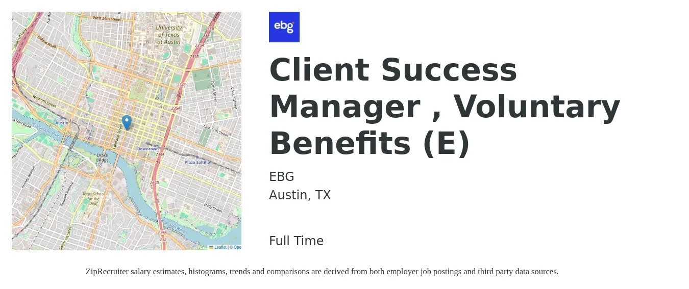 EBG job posting for a Client Success Manager , Voluntary Benefits (E) in Austin, TX with a salary of $59,000 to $98,100 Yearly with a map of Austin location.