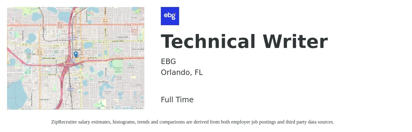 EBG job posting for a Technical Writer in Orlando, FL with a salary of $28 to $46 Hourly with a map of Orlando location.