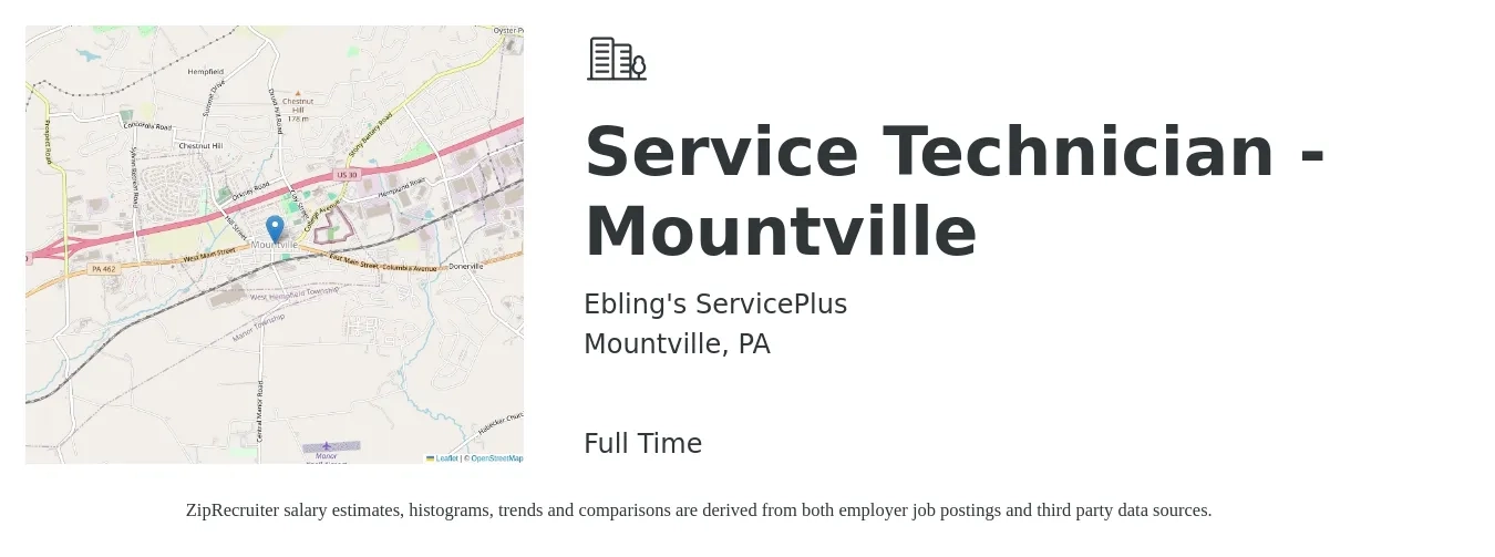 Ebling's ServicePlus job posting for a Service Technician - Mountville in Mountville, PA with a salary of $21 to $29 Hourly with a map of Mountville location.