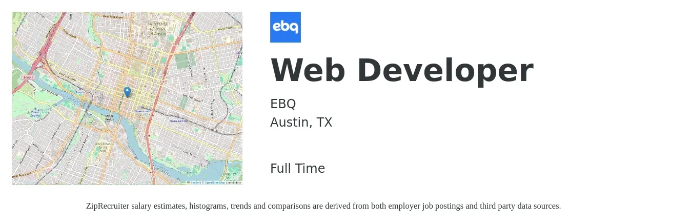 EBQ job posting for a Web Developer in Austin, TX with a salary of $45,000 Yearly with a map of Austin location.
