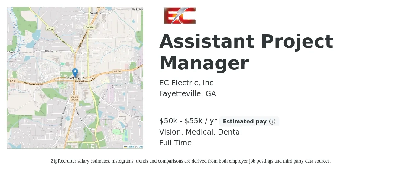 EC Electric, Inc job posting for a Assistant Project Manager in Fayetteville, GA with a salary of $50,000 to $55,000 Yearly and benefits including life_insurance, medical, retirement, vision, and dental with a map of Fayetteville location.