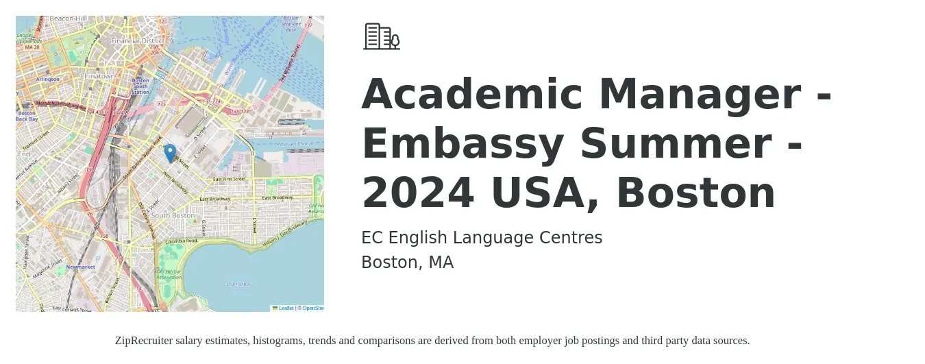 EC English Language Centres job posting for a Academic Manager - Embassy Summer - 2024 USA, Boston in Boston, MA with a salary of $59,000 to $92,600 Yearly with a map of Boston location.