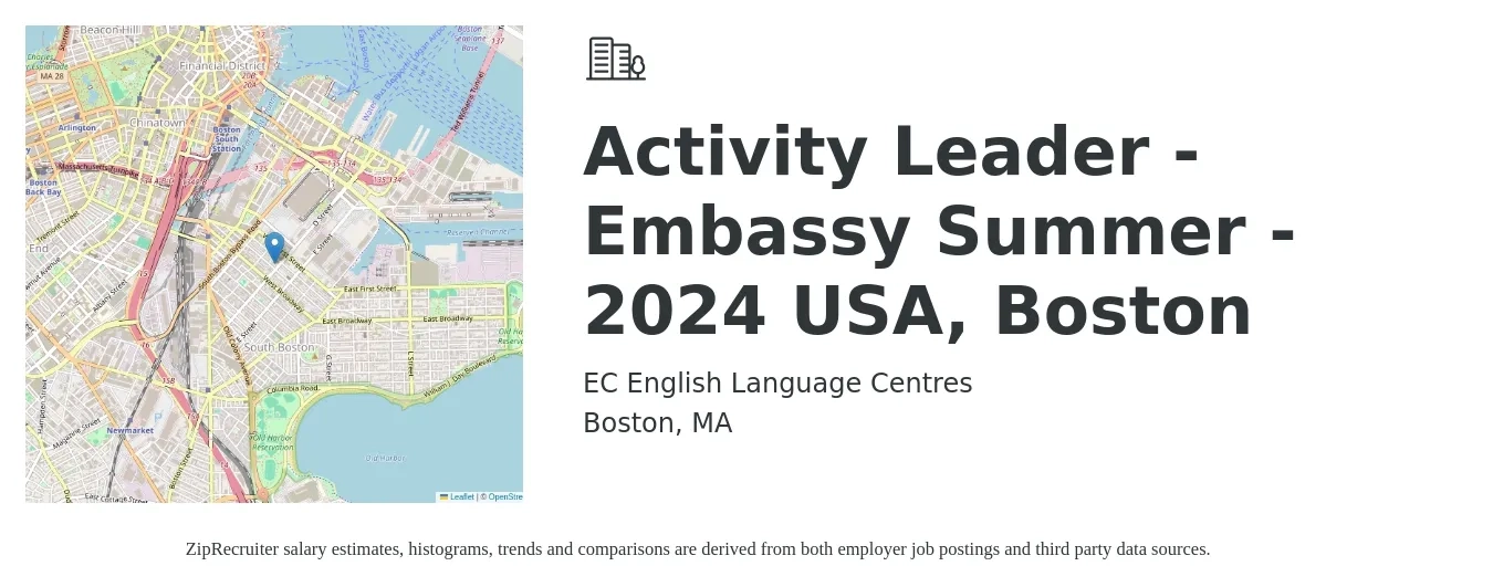 EC English Language Centres job posting for a Activity Leader - Embassy Summer - 2024 USA, Boston in Boston, MA with a salary of $17 to $20 Hourly with a map of Boston location.