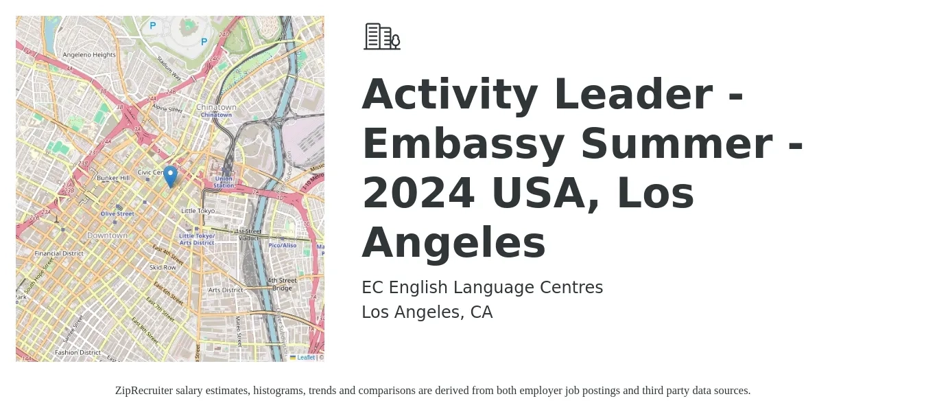 EC English Language Centres job posting for a Activity Leader - Embassy Summer - 2024 USA, Los Angeles in Los Angeles, CA with a salary of $17 to $20 Hourly with a map of Los Angeles location.
