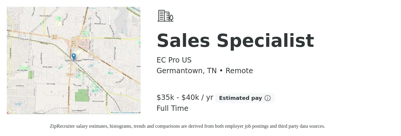 EC Pro US job posting for a Sales Specialist in Germantown, TN with a salary of $35,000 to $40,000 Yearly with a map of Germantown location.