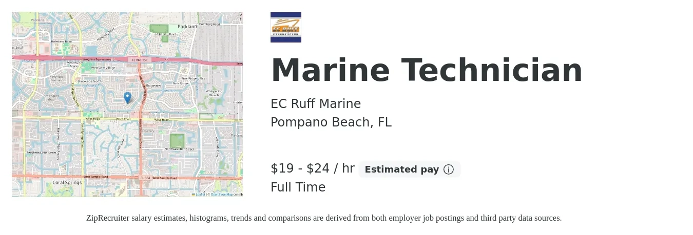 EC Ruff Marine job posting for a Marine Technician in Pompano Beach, FL with a salary of $20 to $25 Hourly with a map of Pompano Beach location.