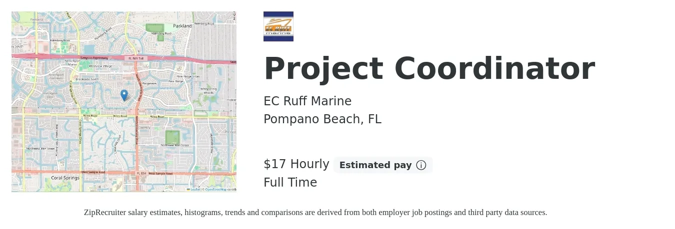 EC Ruff Marine job posting for a Project Coordinator in Pompano Beach, FL with a salary of $18 Hourly with a map of Pompano Beach location.