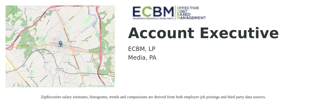 ECBM, LP job posting for a Account Executive in Media, PA with a salary of $110,000 to $125,000 Yearly with a map of Media location.