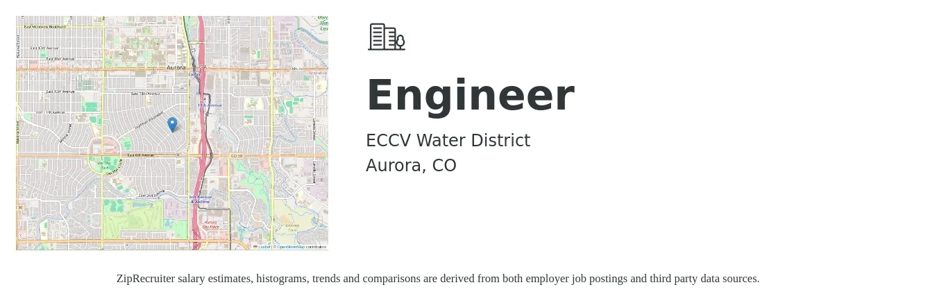 ECCV Water District job posting for a Engineer in Aurora, CO with a salary of $29 to $42 Hourly with a map of Aurora location.