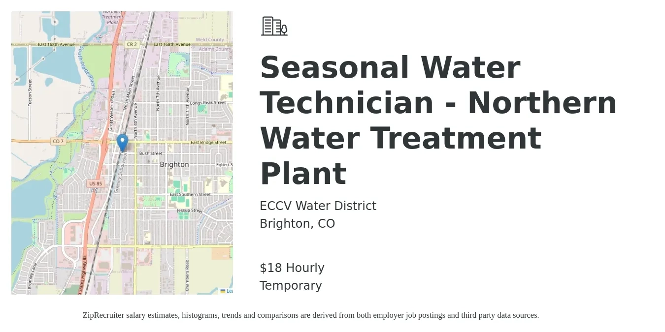 ECCV Water District job posting for a Seasonal Water Technician - Northern Water Treatment Plant in Brighton, CO with a salary of $19 Hourly with a map of Brighton location.