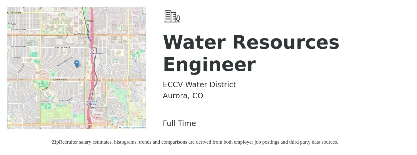 ECCV Water District job posting for a Water Resources Engineer in Aurora, CO with a salary of $36 to $53 Hourly with a map of Aurora location.