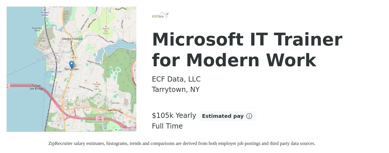 ECF Data, LLC job posting for a Microsoft IT Trainer for Modern Work in Tarrytown, NY with a salary of $105,000 Yearly with a map of Tarrytown location.
