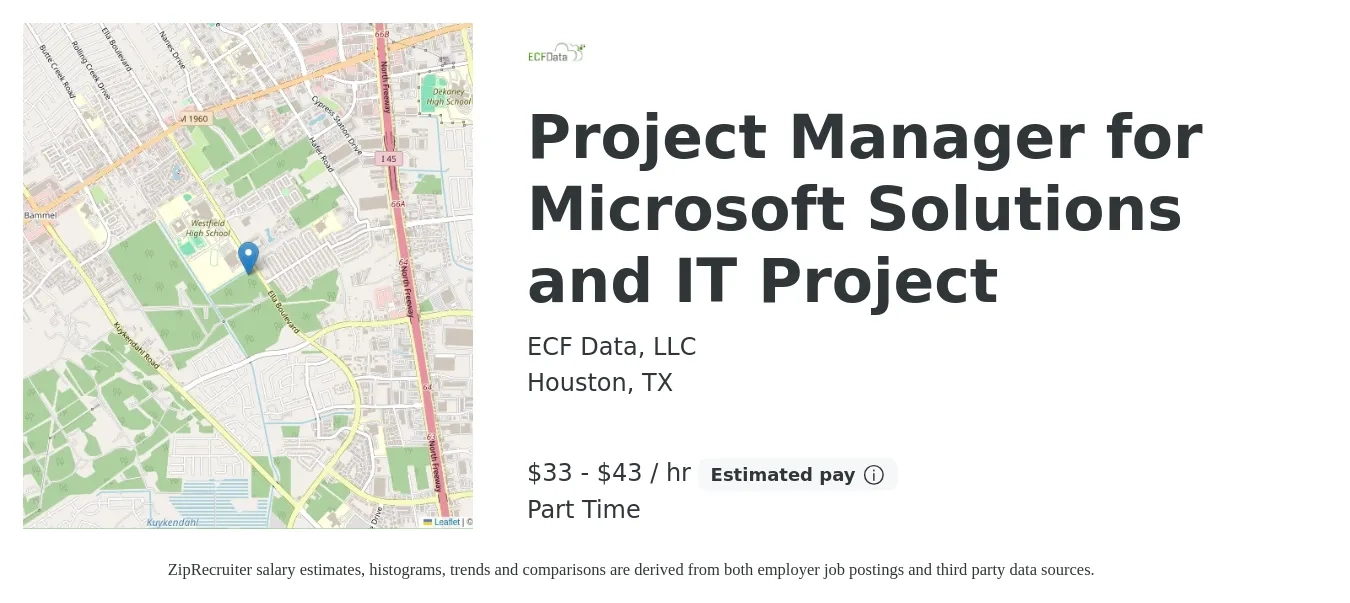 ECF Data, LLC job posting for a Project Manager for Microsoft Solutions and IT Project in Houston, TX with a salary of $35 to $45 Hourly with a map of Houston location.