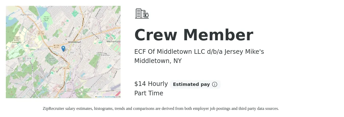 ECF Of Middletown LLC d/b/a Jersey Mike's job posting for a Crew Member in Middletown, NY with a salary of $15 Hourly with a map of Middletown location.