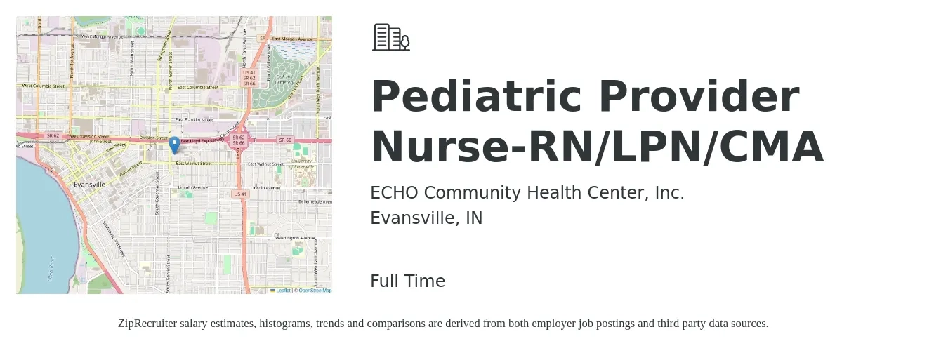 ECHO Community Health Center, Inc. job posting for a Pediatric Provider Nurse-RN/LPN/CMA in Evansville, IN with a salary of $28 to $40 Hourly with a map of Evansville location.