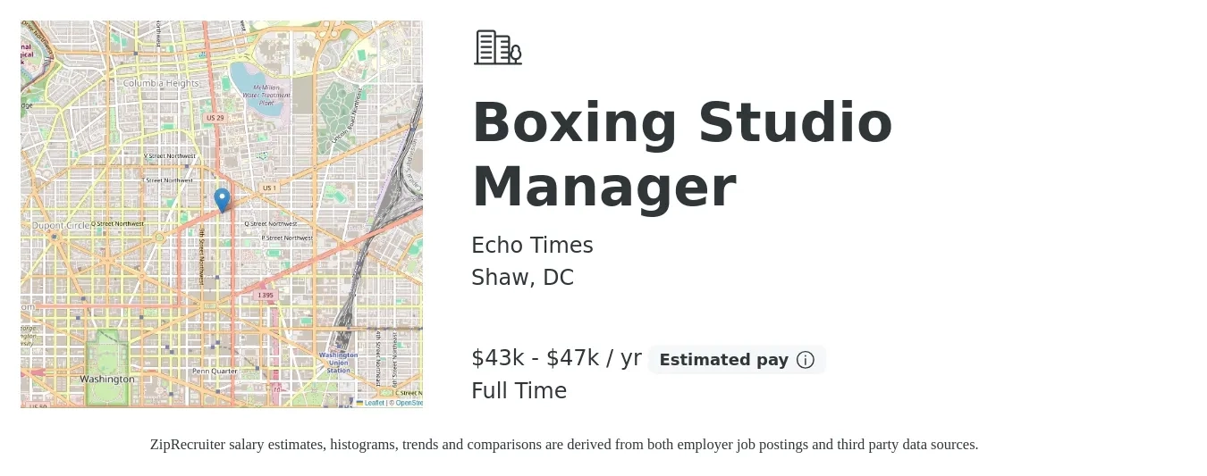 Echo Times job posting for a Boxing Studio Manager in Shaw, DC with a salary of $43,000 to $47,000 Yearly (plus commission) with a map of Shaw location.