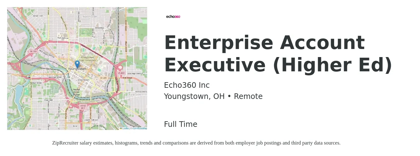 Echo360 Inc job posting for a Enterprise Account Executive (Higher Ed) in Youngstown, OH with a salary of $90,000 to $105,000 Yearly with a map of Youngstown location.