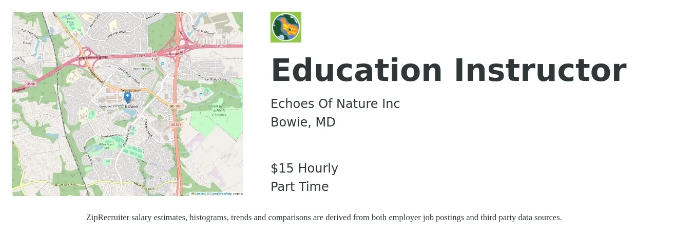 Echoes Of Nature Inc job posting for a Education Instructor in Bowie, MD with a salary of $16 Hourly with a map of Bowie location.