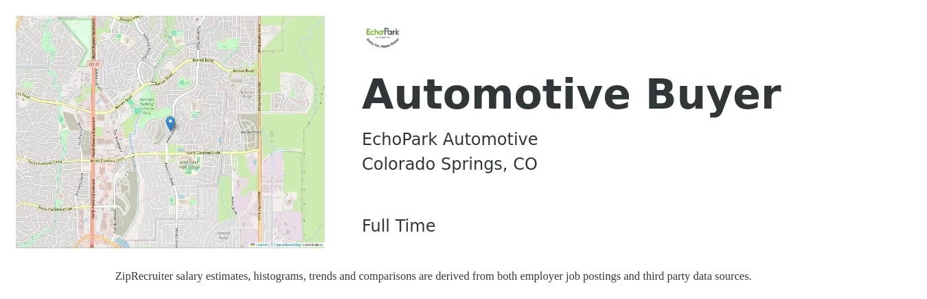 EchoPark Automotive job posting for a Automotive Buyer in Colorado Springs, CO with a salary of $60,000 to $80,000 Yearly with a map of Colorado Springs location.