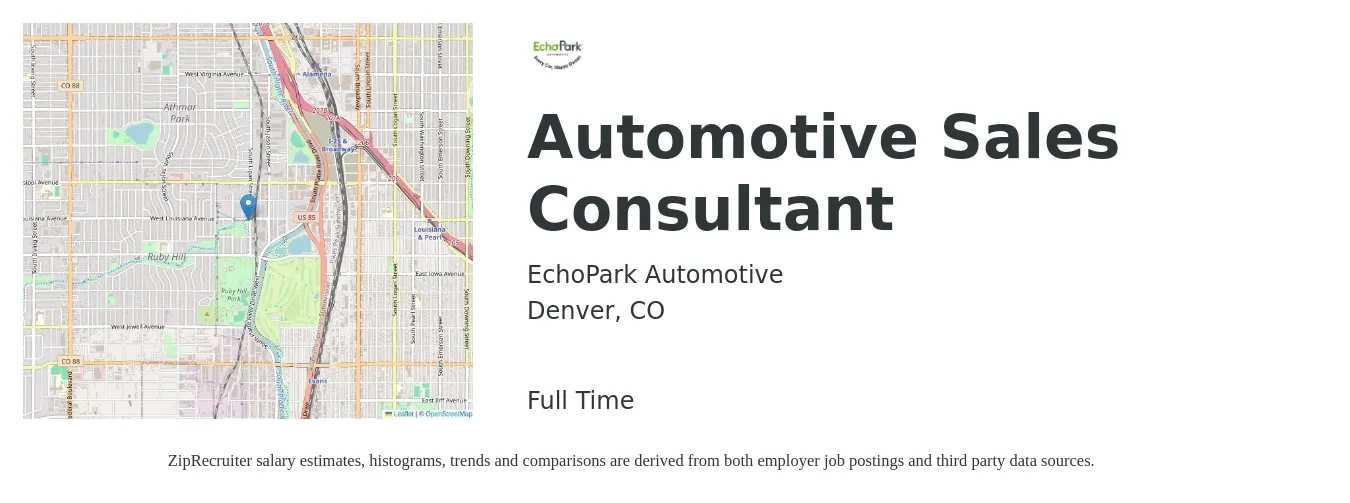 EchoPark Automotive job posting for a Automotive Sales Consultant in Denver, CO with a salary of $65,000 Yearly with a map of Denver location.