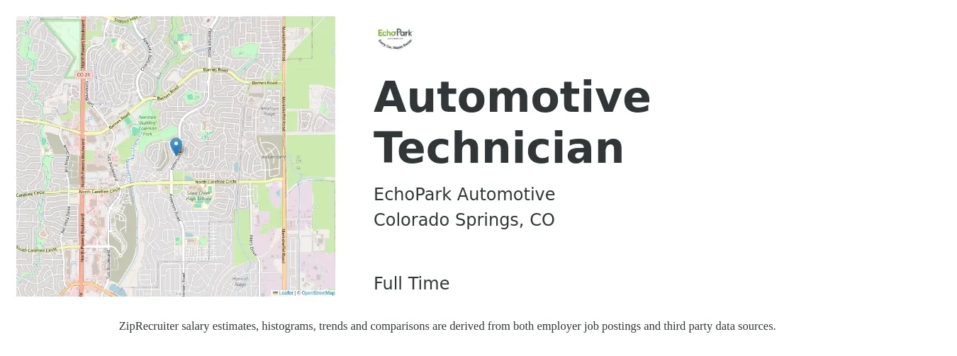 EchoPark Automotive job posting for a Automotive Technician in Colorado Springs, CO with a salary of $45,000 to $65,000 Yearly with a map of Colorado Springs location.