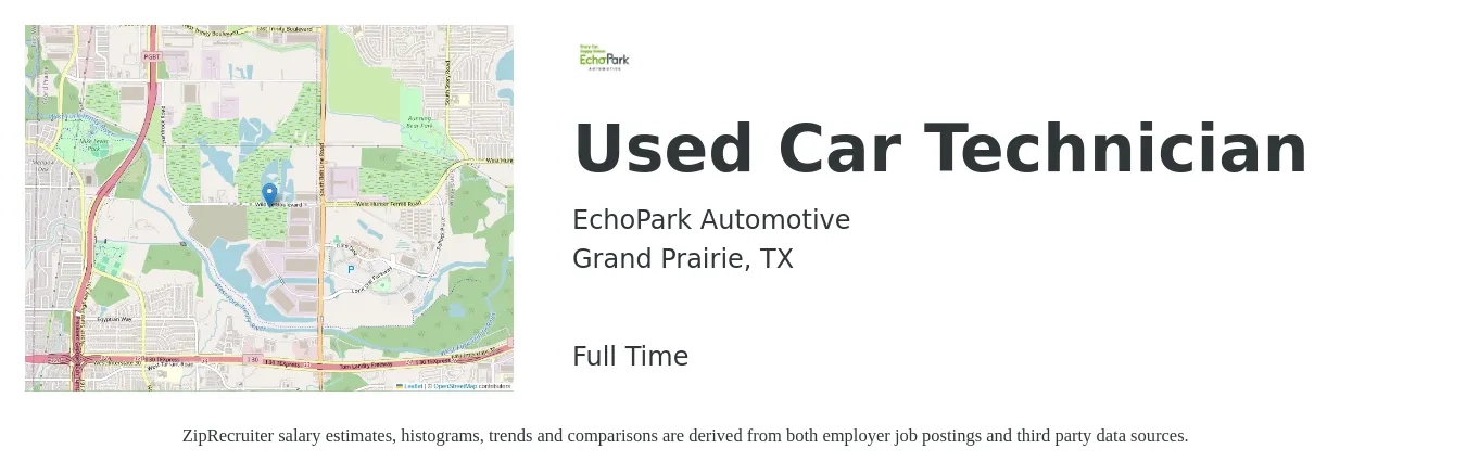 EchoPark Automotive job posting for a Used Car Technician in Grand Prairie, TX with a salary of $42,000 to $65,000 Yearly with a map of Grand Prairie location.