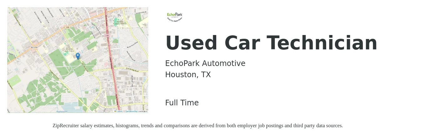 EchoPark Automotive job posting for a Used Car Technician in Houston, TX with a salary of $19 to $31 Hourly with a map of Houston location.