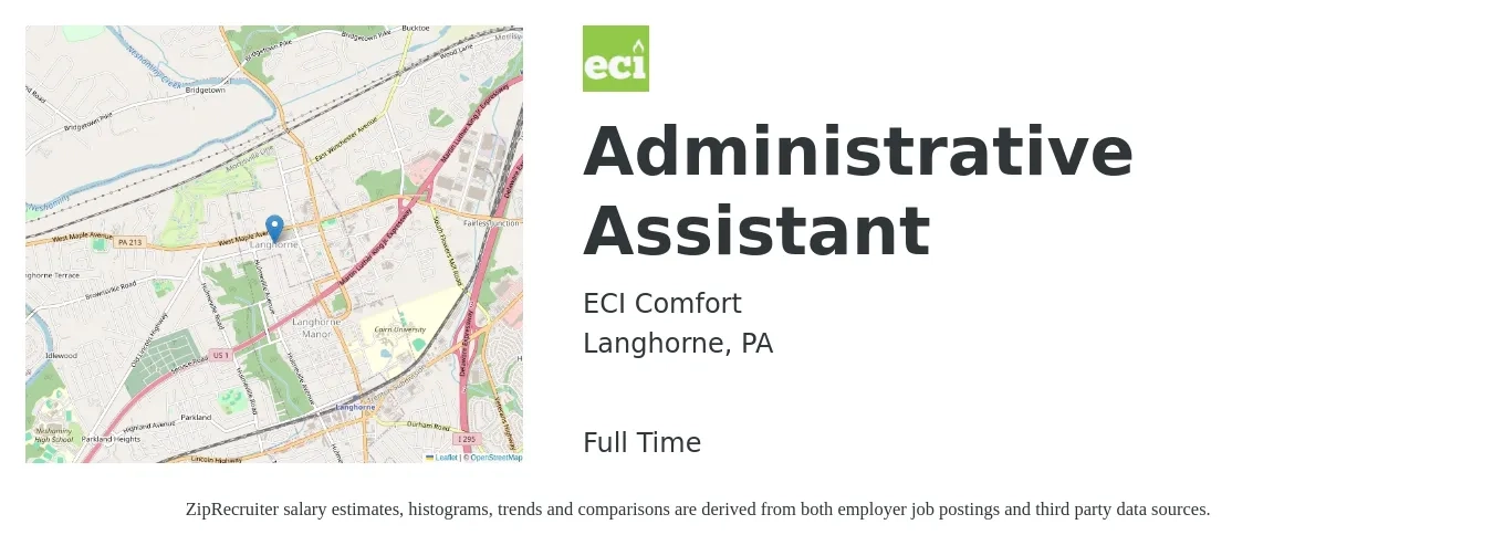 ECI Comfort job posting for a Administrative Assistant in Langhorne, PA with a salary of $17 to $23 Hourly with a map of Langhorne location.
