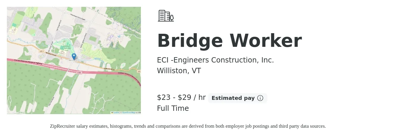 ECI -Engineers Construction, Inc. job posting for a Bridge Worker in Williston, VT with a salary of $24 to $31 Hourly with a map of Williston location.