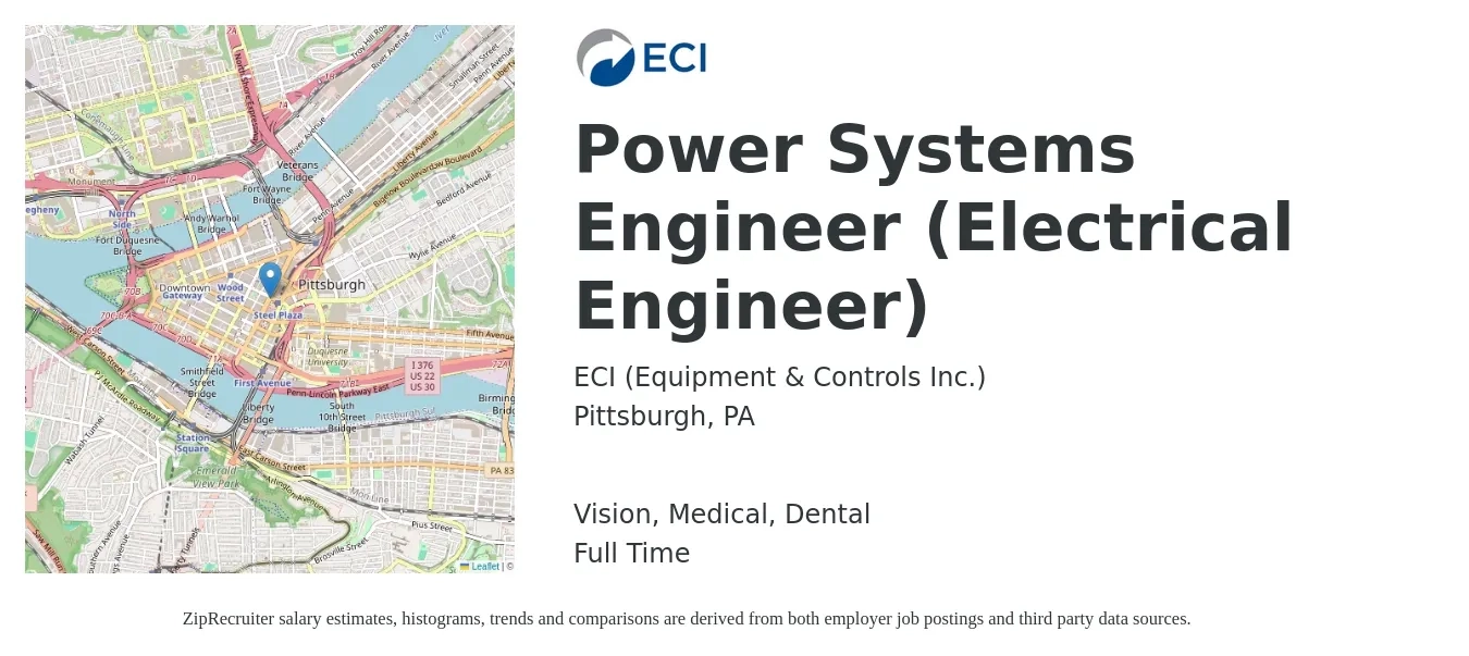 ECI (Equipment & Controls Inc.) job posting for a Power Systems Engineer (Electrical Engineer) in Pittsburgh, PA with a salary of $63,100 to $100,500 Yearly and benefits including dental, life_insurance, medical, retirement, and vision with a map of Pittsburgh location.