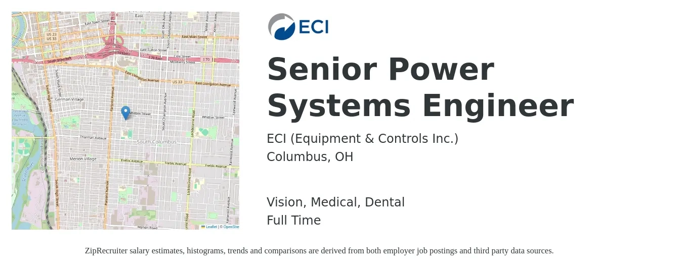 ECI (Equipment & Controls Inc.) job posting for a Senior Power Systems Engineer in Columbus, OH with a salary of $100,900 to $138,100 Yearly and benefits including medical, pto, retirement, vision, dental, and life_insurance with a map of Columbus location.