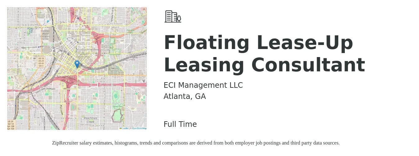 ECI Management LLC job posting for a Floating Lease-Up Leasing Consultant in Atlanta, GA with a salary of $16 to $18 Hourly with a map of Atlanta location.