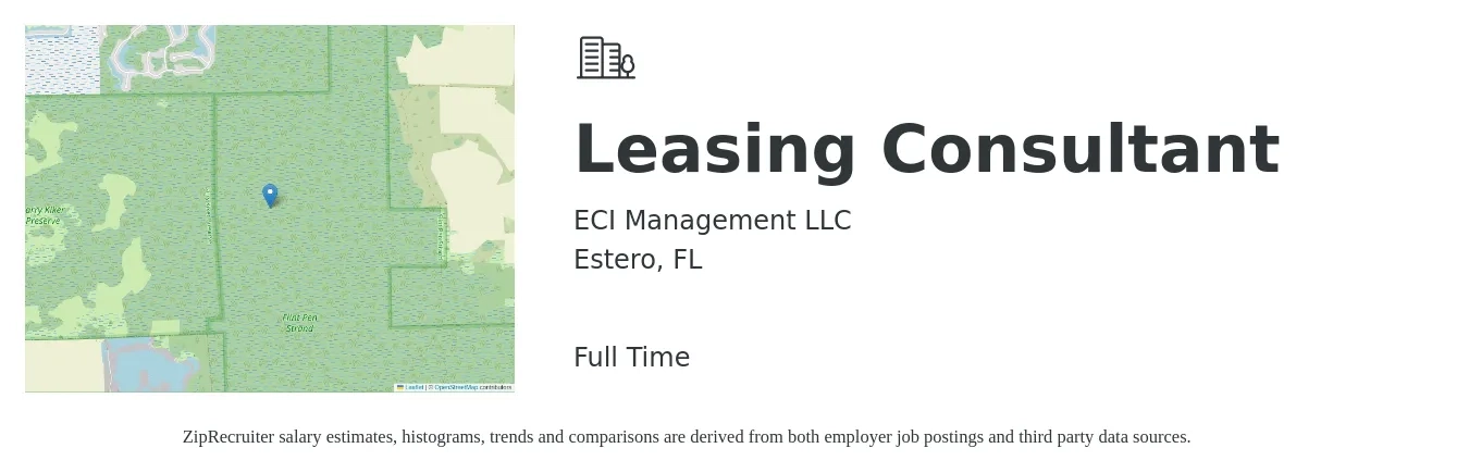 ECI Management LLC job posting for a Leasing Consultant in Estero, FL with a salary of $15 to $18 Hourly with a map of Estero location.