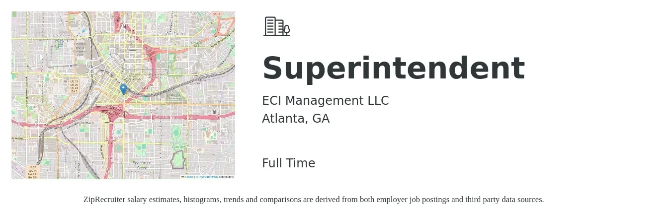 ECI Management LLC job posting for a Superintendent in Atlanta, GA with a salary of $60,800 to $86,500 Yearly with a map of Atlanta location.