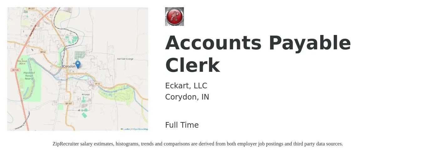 Eckart, LLC job posting for a Accounts Payable Clerk in Corydon, IN with a salary of $17 to $22 Hourly with a map of Corydon location.