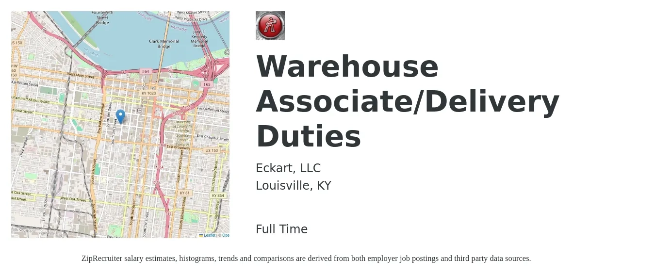 Eckart, LLC job posting for a Warehouse Associate/Delivery Duties in Louisville, KY with a salary of $15 to $18 Hourly with a map of Louisville location.