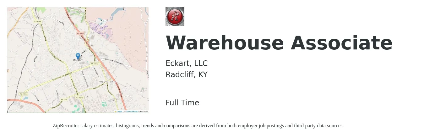 Eckart, LLC job posting for a Warehouse Associate in Radcliff, KY with a salary of $14 to $16 Hourly with a map of Radcliff location.