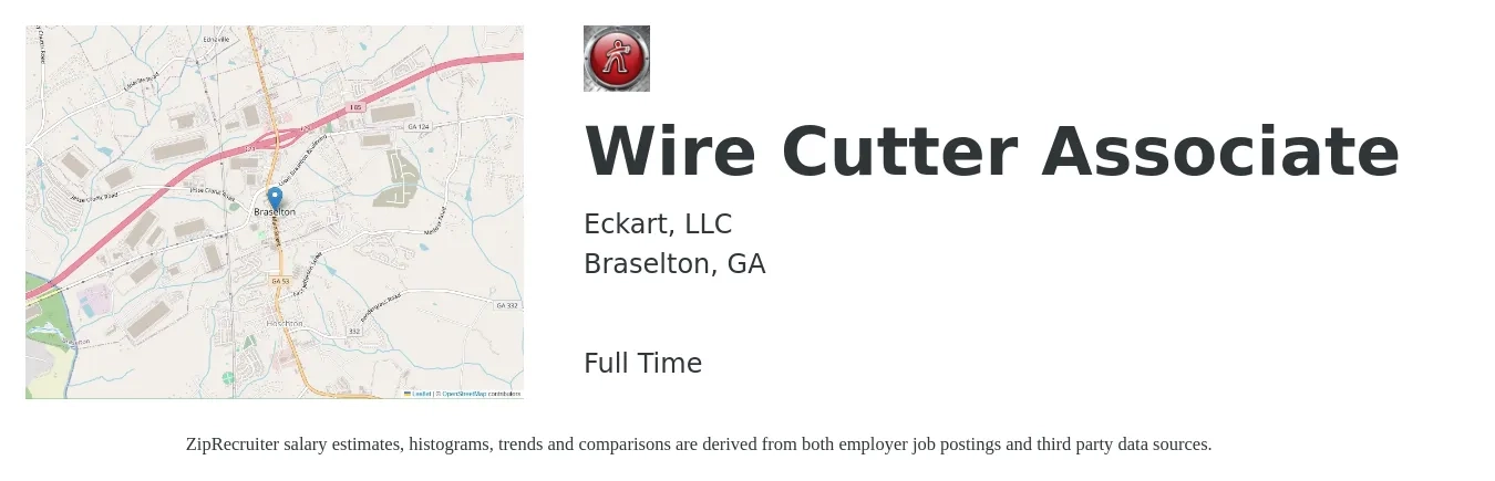 Eckart, LLC job posting for a Wire Cutter Associate in Braselton, GA with a salary of $14 to $18 Hourly with a map of Braselton location.