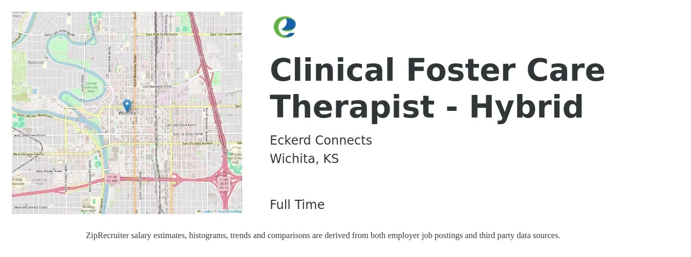 Eckerd Connects job posting for a Clinical Foster Care Therapist - Hybrid in Wichita, KS with a salary of $53,300 to $71,600 Yearly with a map of Wichita location.