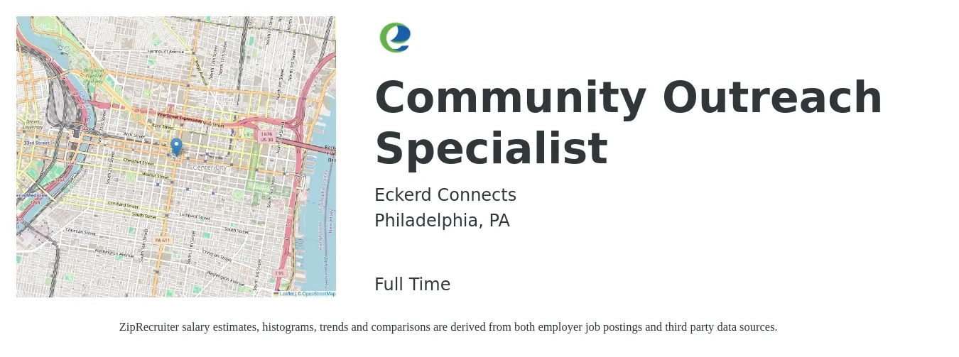 Eckerd Connects job posting for a Community Outreach Specialist in Philadelphia, PA with a salary of $39,200 to $57,300 Yearly with a map of Philadelphia location.