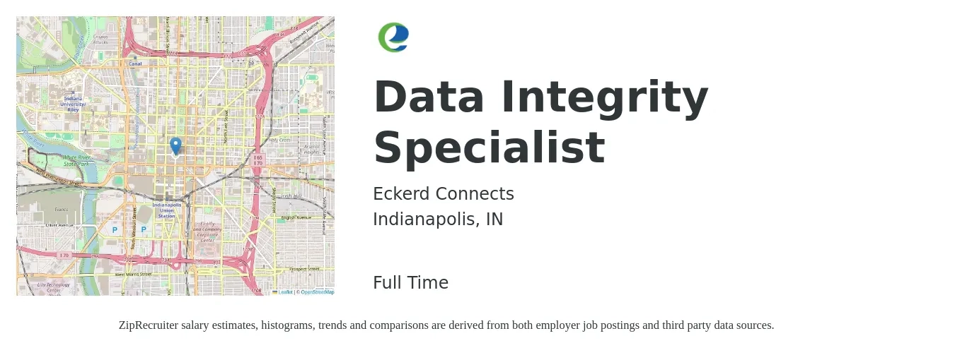 Eckerd Connects job posting for a Data Integrity Specialist in Indianapolis, IN with a salary of $17 to $22 Hourly with a map of Indianapolis location.