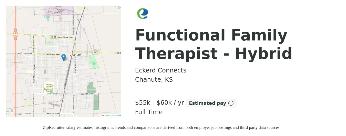 Eckerd Connects job posting for a Functional Family Therapist - Hybrid in Chanute, KS with a salary of $55,000 to $60,000 Yearly with a map of Chanute location.