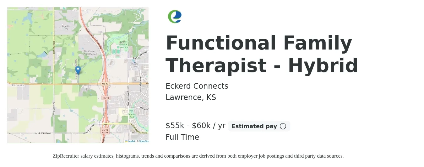 Eckerd Connects job posting for a Functional Family Therapist - Hybrid in Lawrence, KS with a salary of $55,000 to $60,000 Yearly with a map of Lawrence location.