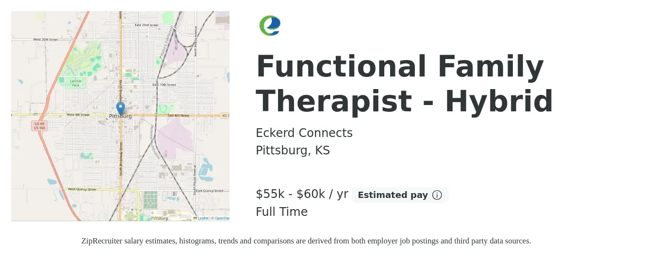 Eckerd Connects job posting for a Functional Family Therapist - Hybrid in Pittsburg, KS with a salary of $55,000 to $60,000 Yearly with a map of Pittsburg location.