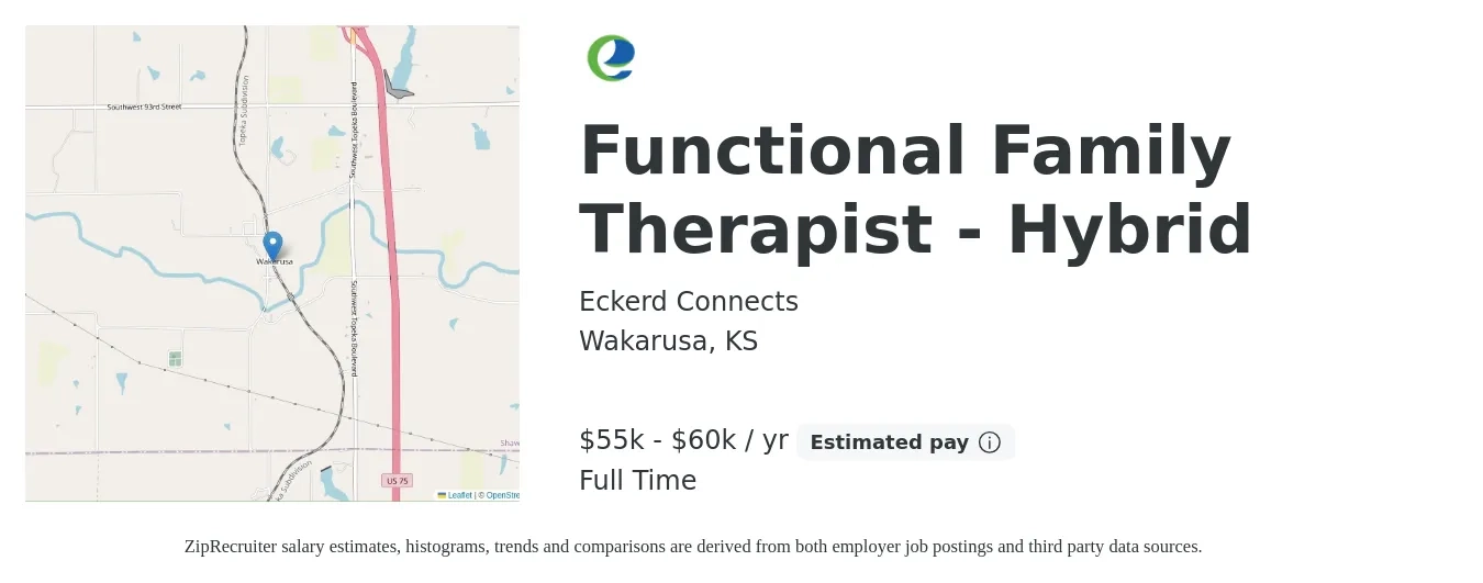 Eckerd Connects job posting for a Functional Family Therapist - Hybrid in Wakarusa, KS with a salary of $55,000 to $60,000 Yearly with a map of Wakarusa location.